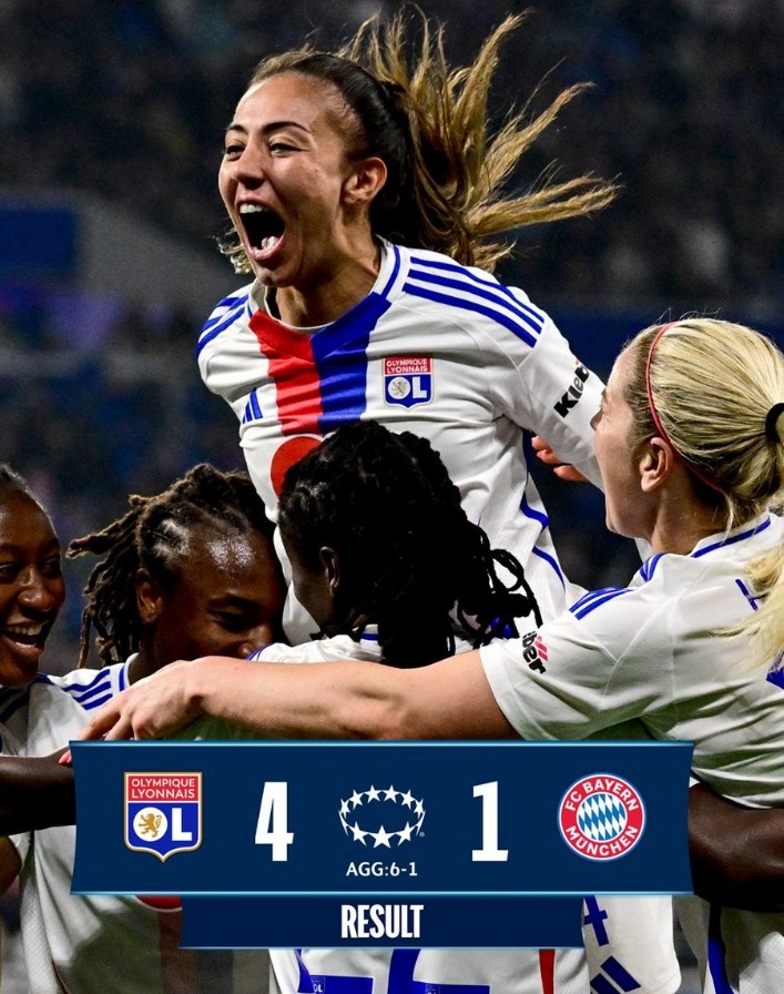 里昂女足4-1大勝拜仁女足，總比分6-1晉級女足歐冠半決賽